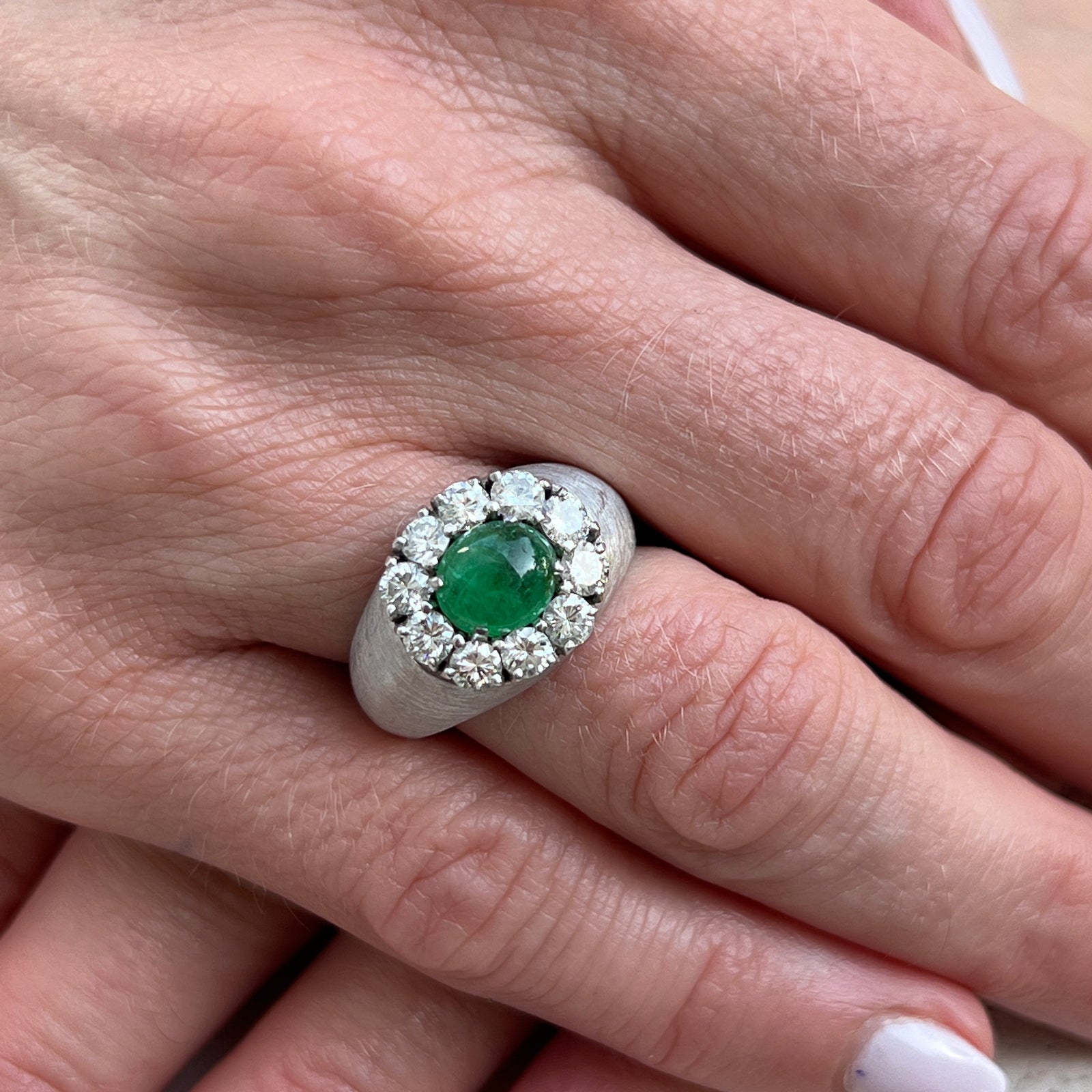 1970's Emerald Diamond Satin Finish White Gold Cocktail Ring