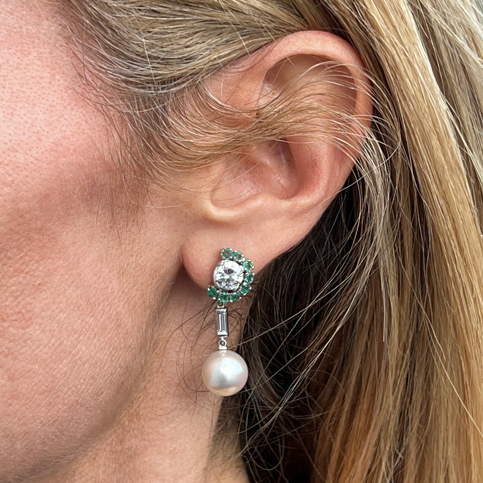 Diamond South Sea Pearl Emerald Platinum Drop Earrings GIA Certified