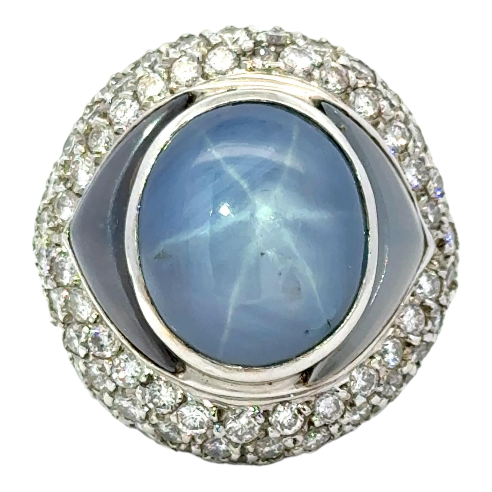 No Heat Natural Blue Star Sapphire Diamond 18K White Gold Cocktail Ring GIA Cert