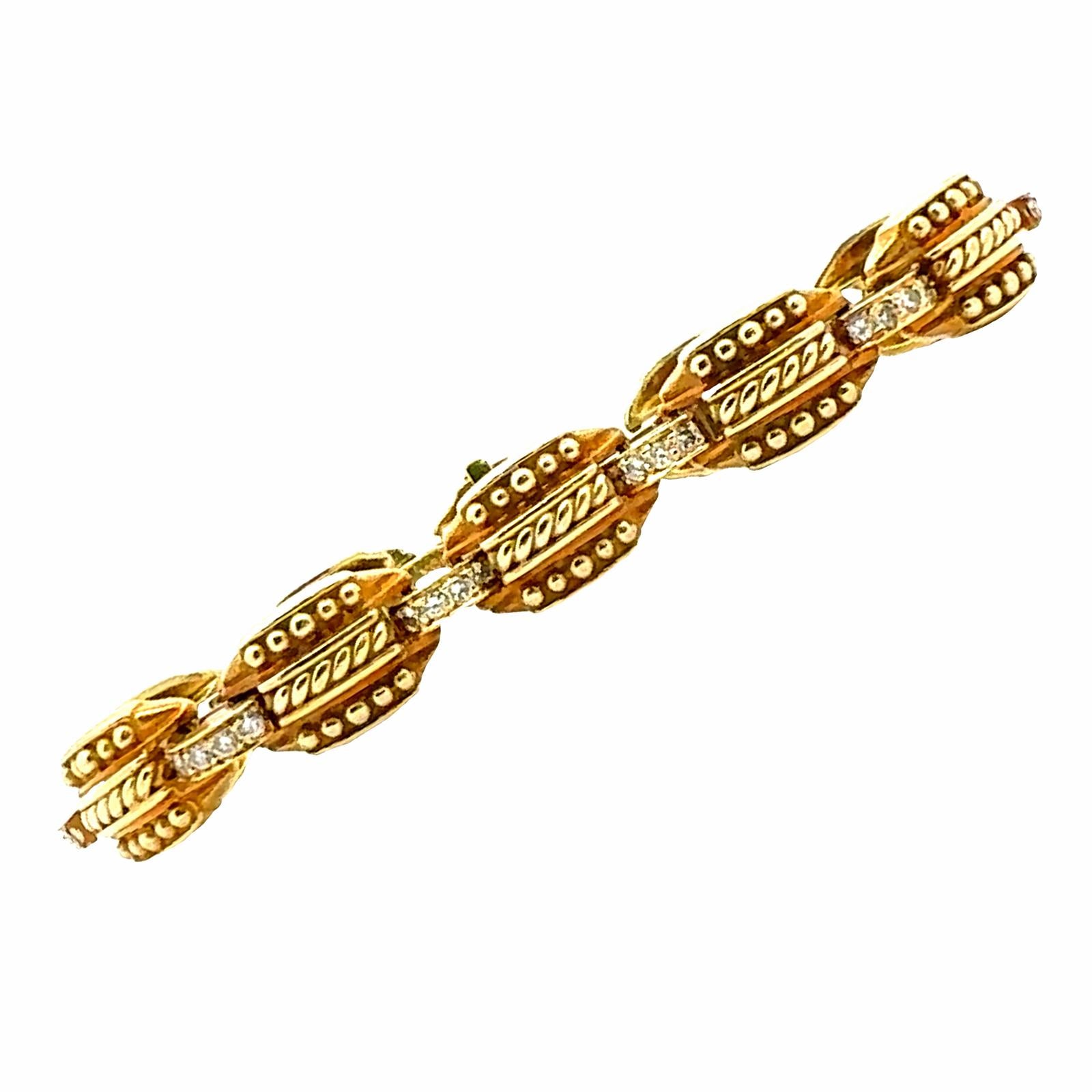 Etruscan Style Diamond 18 Karat Yellow Gold Link Bracelet